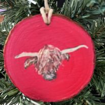 Wooden Hand-Painted Shaggy Cow on Red Holiday Ornament